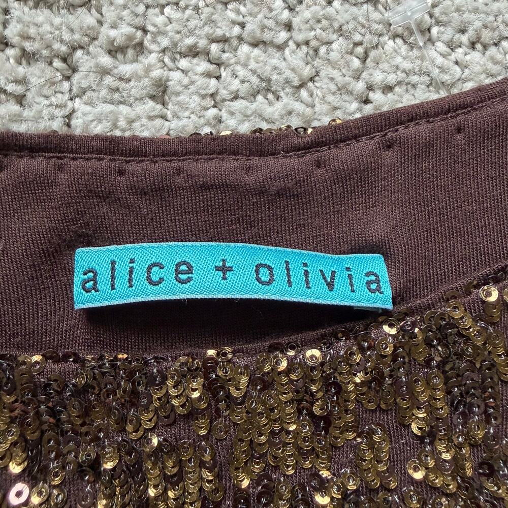 Alice + Olivia Chocolate Brown Sequin Top Short Sleeve Size M Sparkle Party - Picture 5 of 7